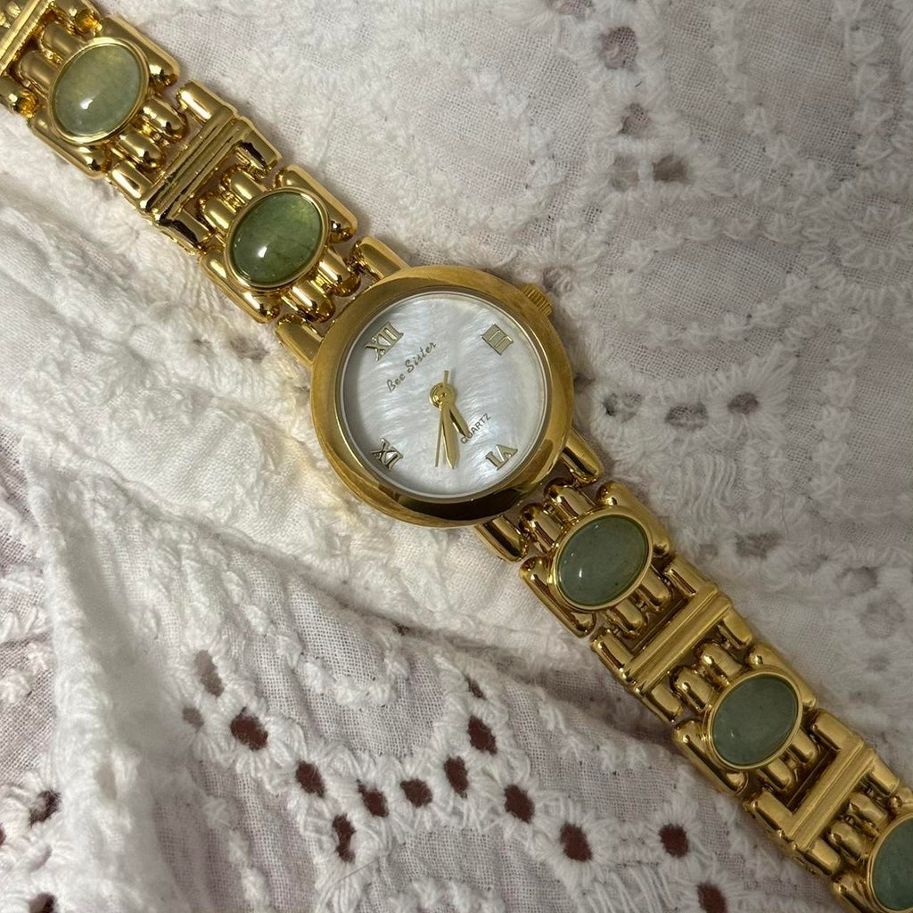 Gold/Green Stones Watch