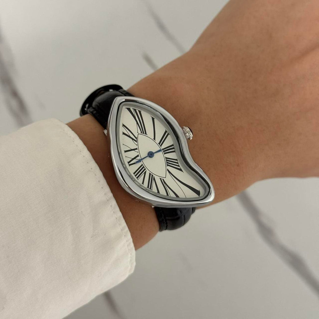 Salvador Dali Silver/White Watch With Black Leather Strap