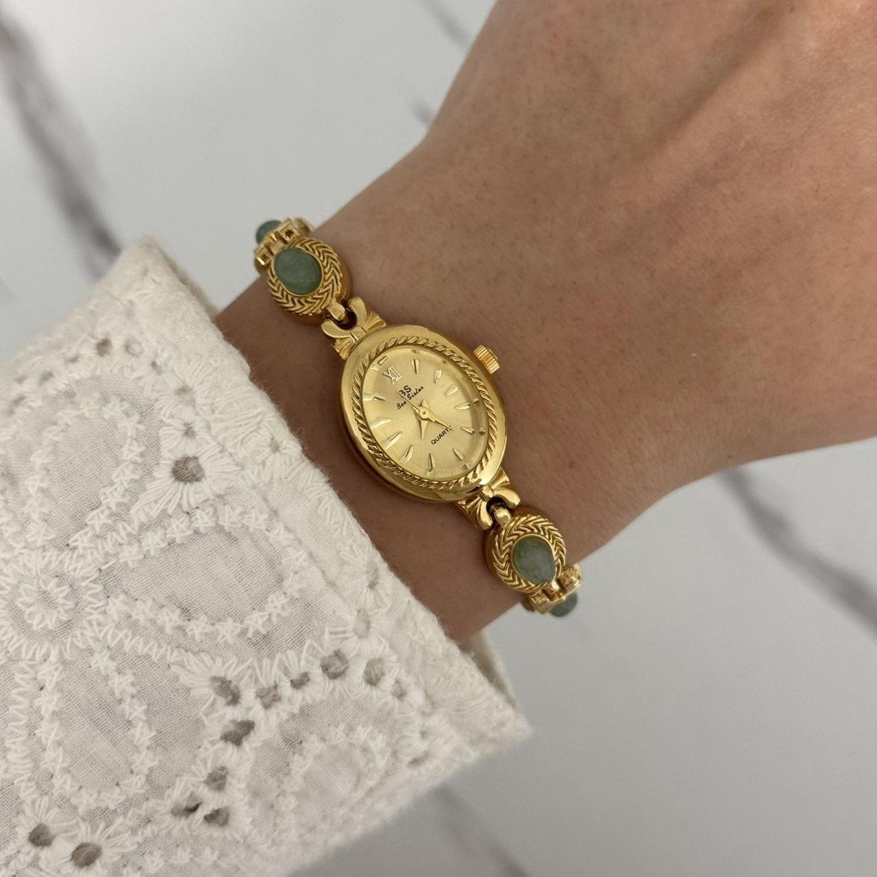 Elina Gold Watch Green Stones