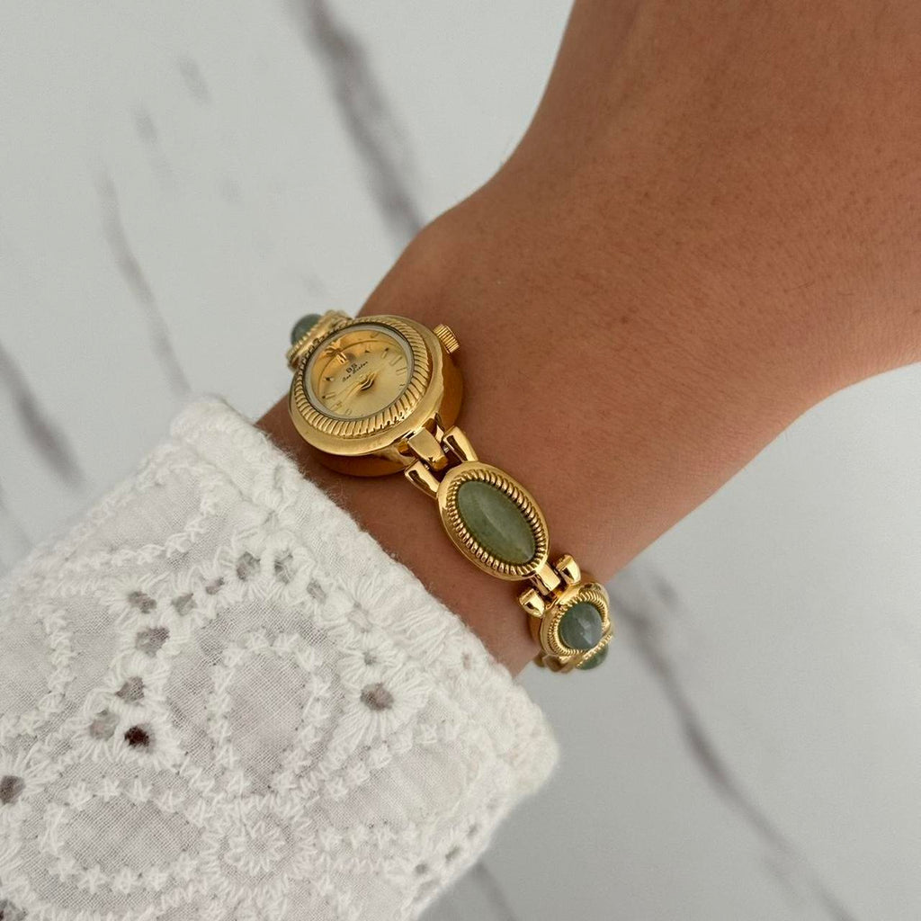 Gold Watch Bracelet Green Stones