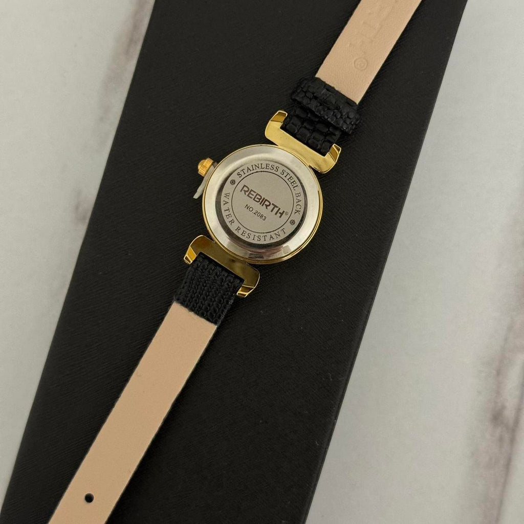 Round Gold mini Watch Black/Brown Leather Strap