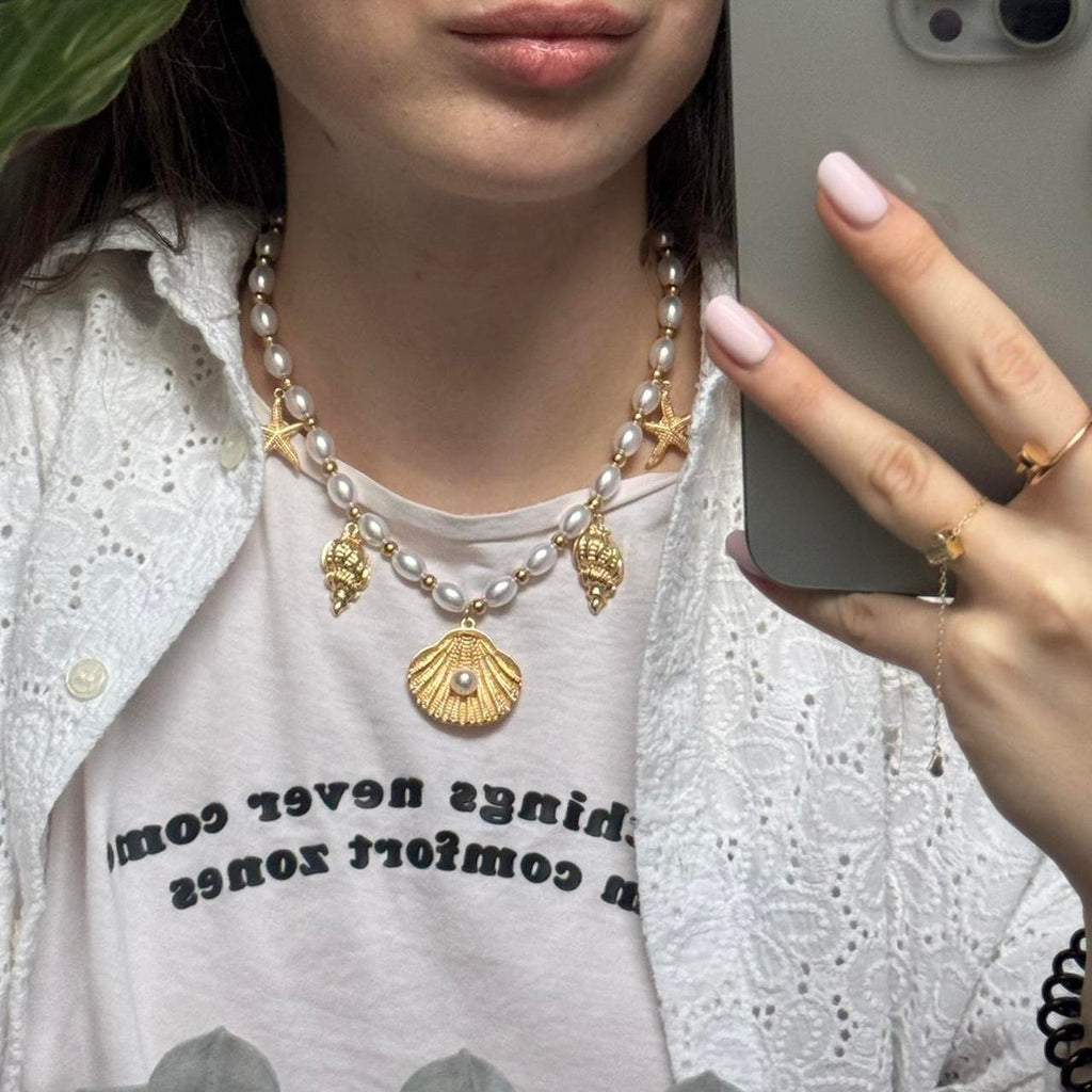 Pearl/Gold Charms Chain Necklace