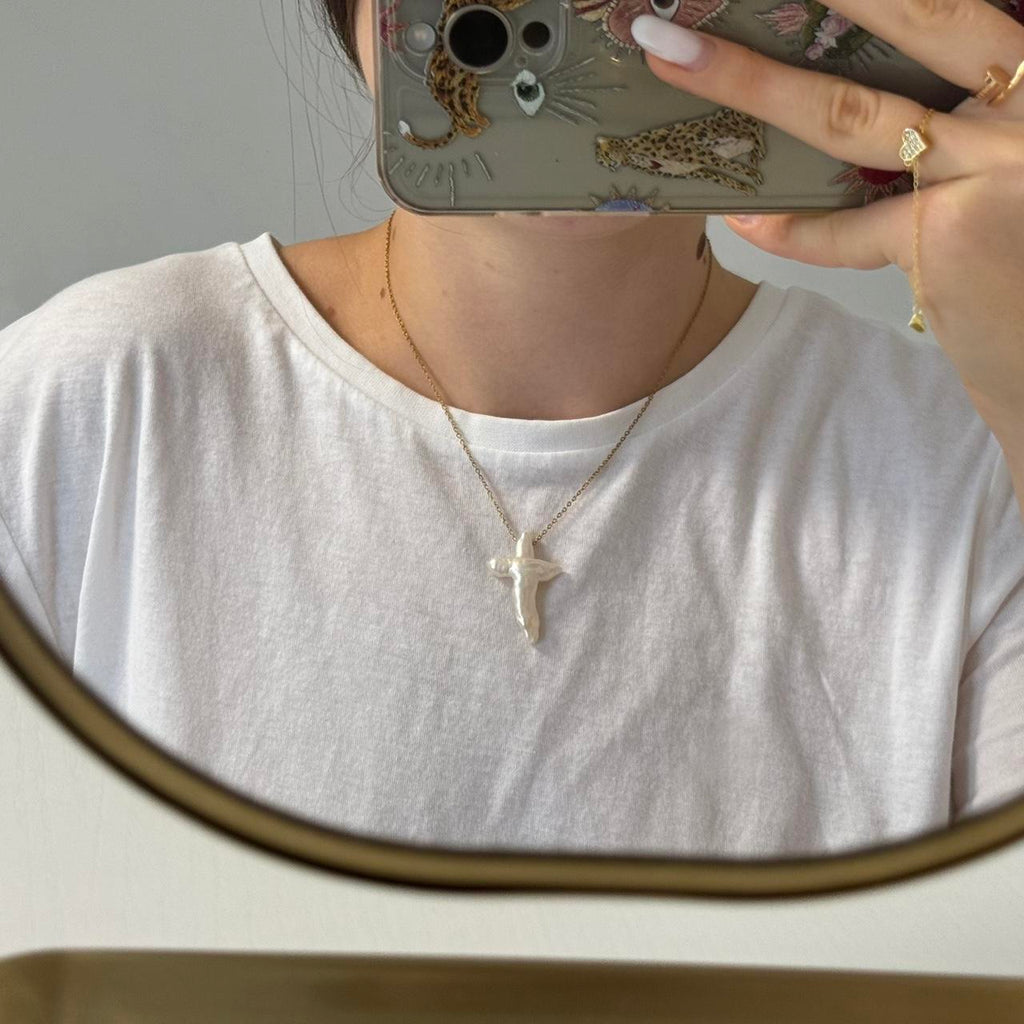 White Pearl Cross Pedant Necklace