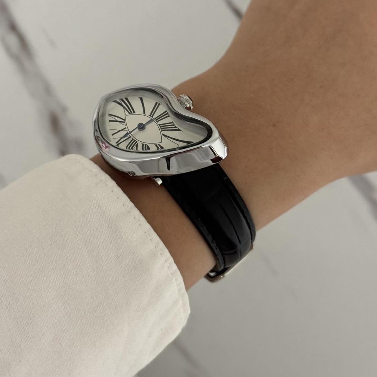 Salvador Dali Silver/White Watch With Black Leather Strap