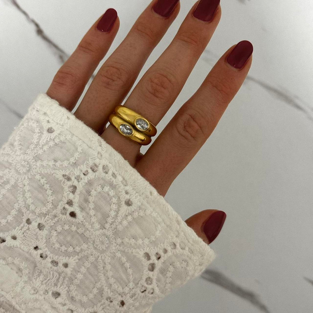 Vintage inspired Gold Double Ring Zircon Stone