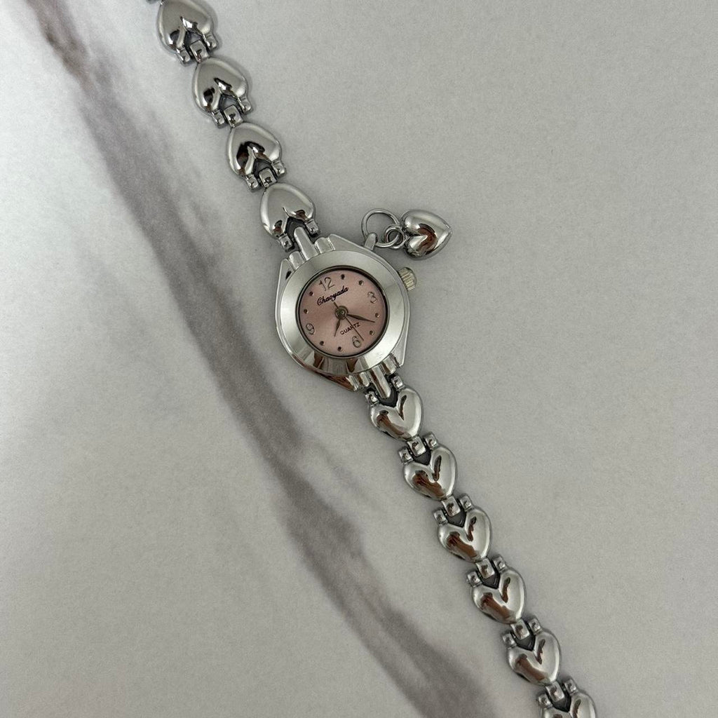 Silver/Pink Mini Watch Heart Charm