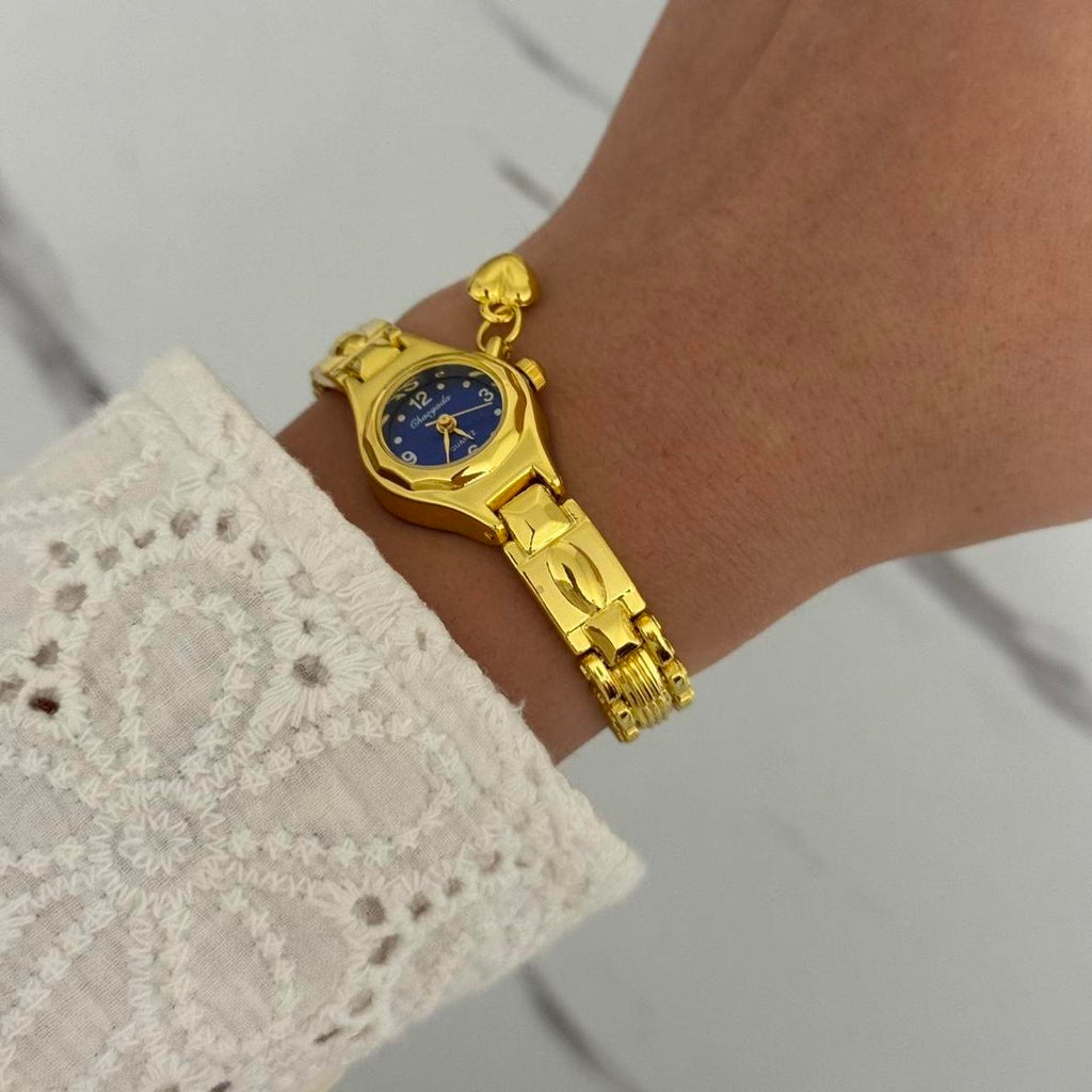 Gold/Blue Mini Watch Heart Charm