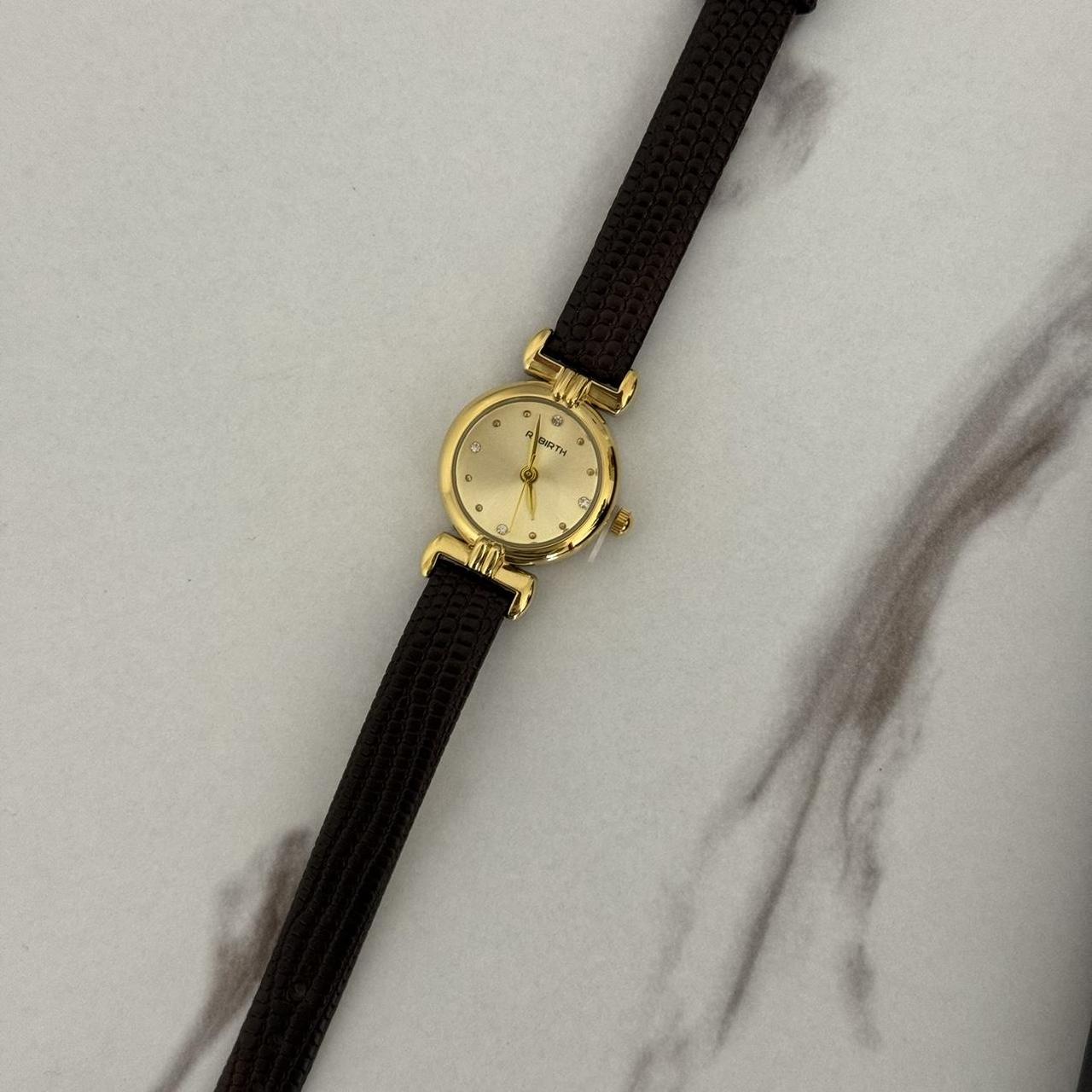 Round Gold mini Watch Black/Brown Leather Strap