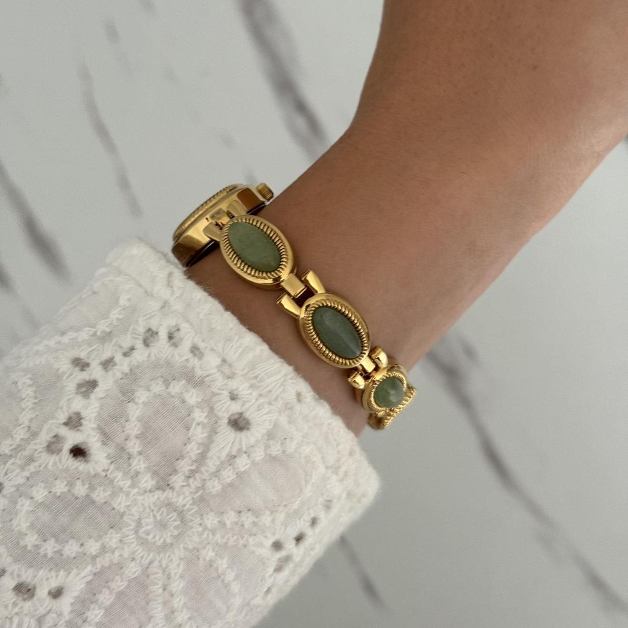 Gold Watch Bracelet Green Stones