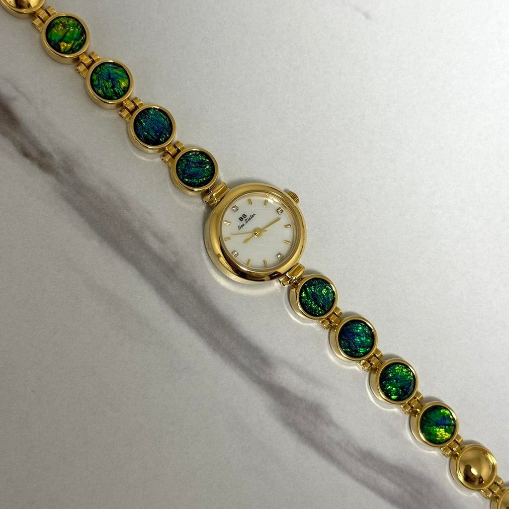 Gold Watch Bracelet Green/Blue Stones