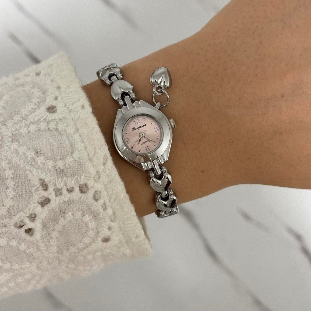 Silver/Pink Mini Watch Heart Charm