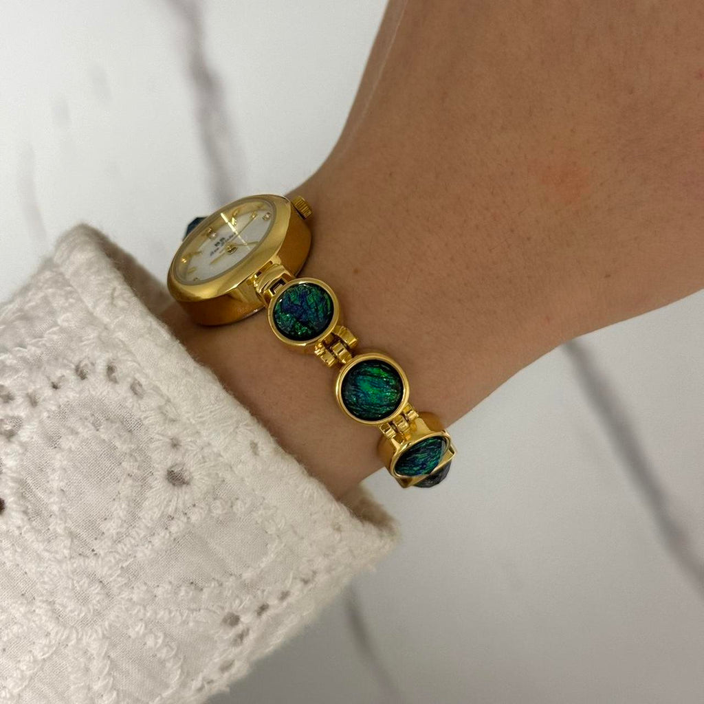 Gold Watch Bracelet Green/Blue Stones