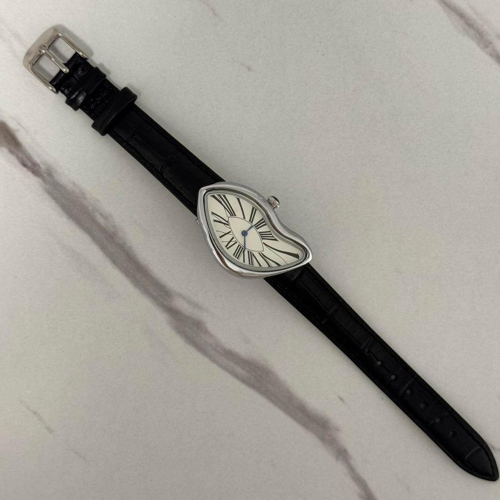 Salvador Dali Silver/White Watch With Black Leather Strap