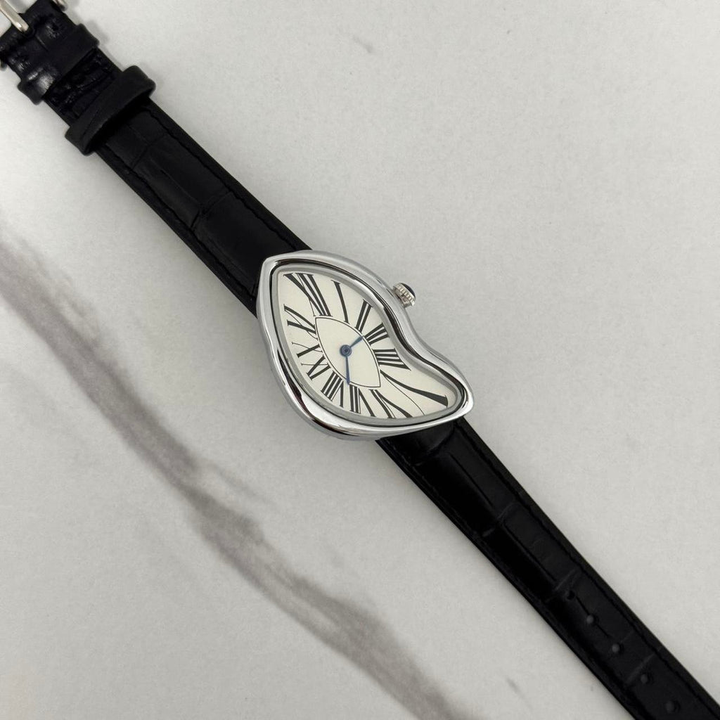 Salvador Dali Silver/White Watch With Black Leather Strap