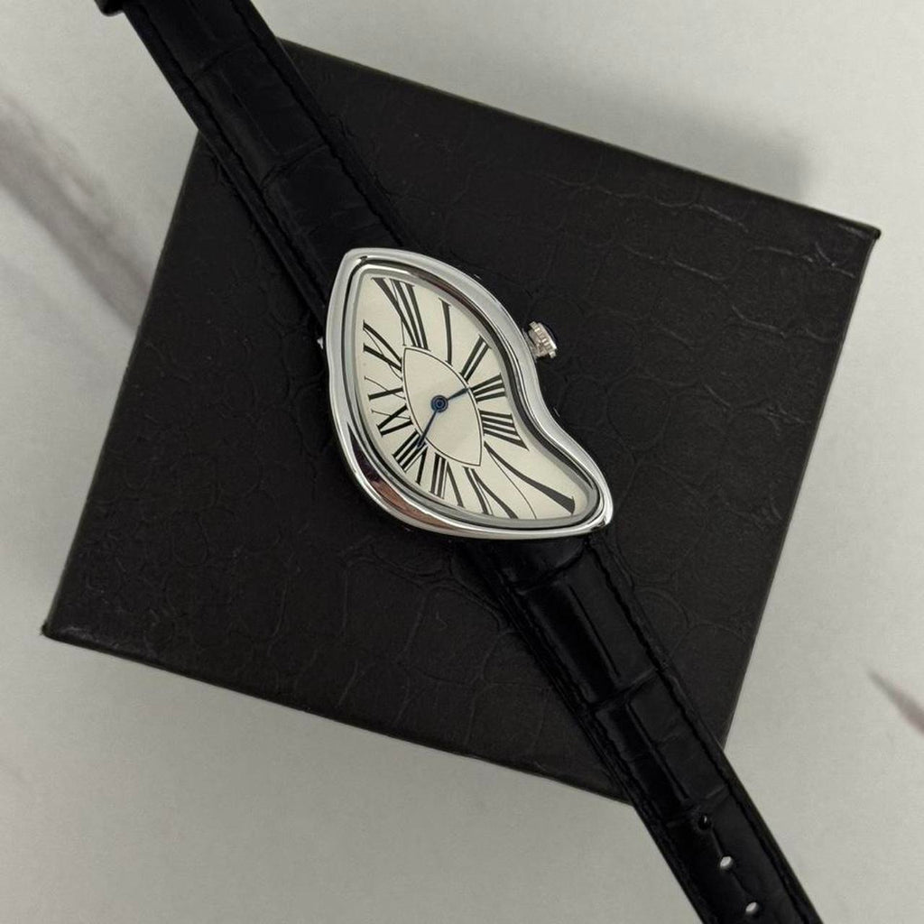 Salvador Dali Silver/White Watch With Black Leather Strap