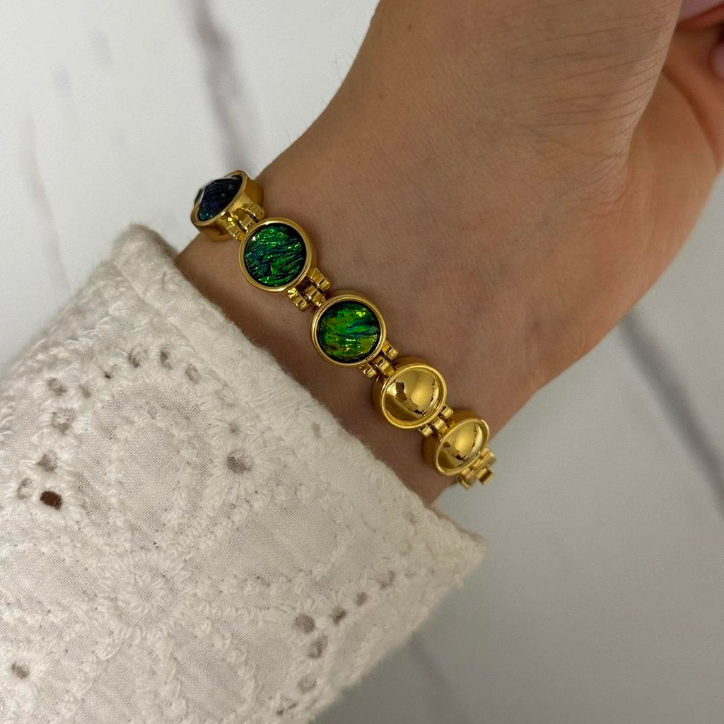 Gold Watch Bracelet Green/Blue Stones