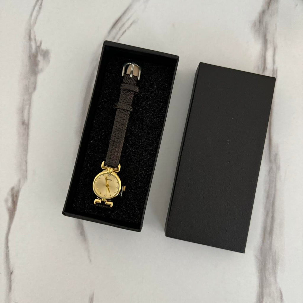 Round Gold mini Watch Black/Brown Leather Strap