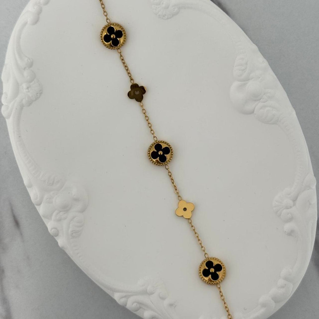 Gold Bracelet Black Flowers