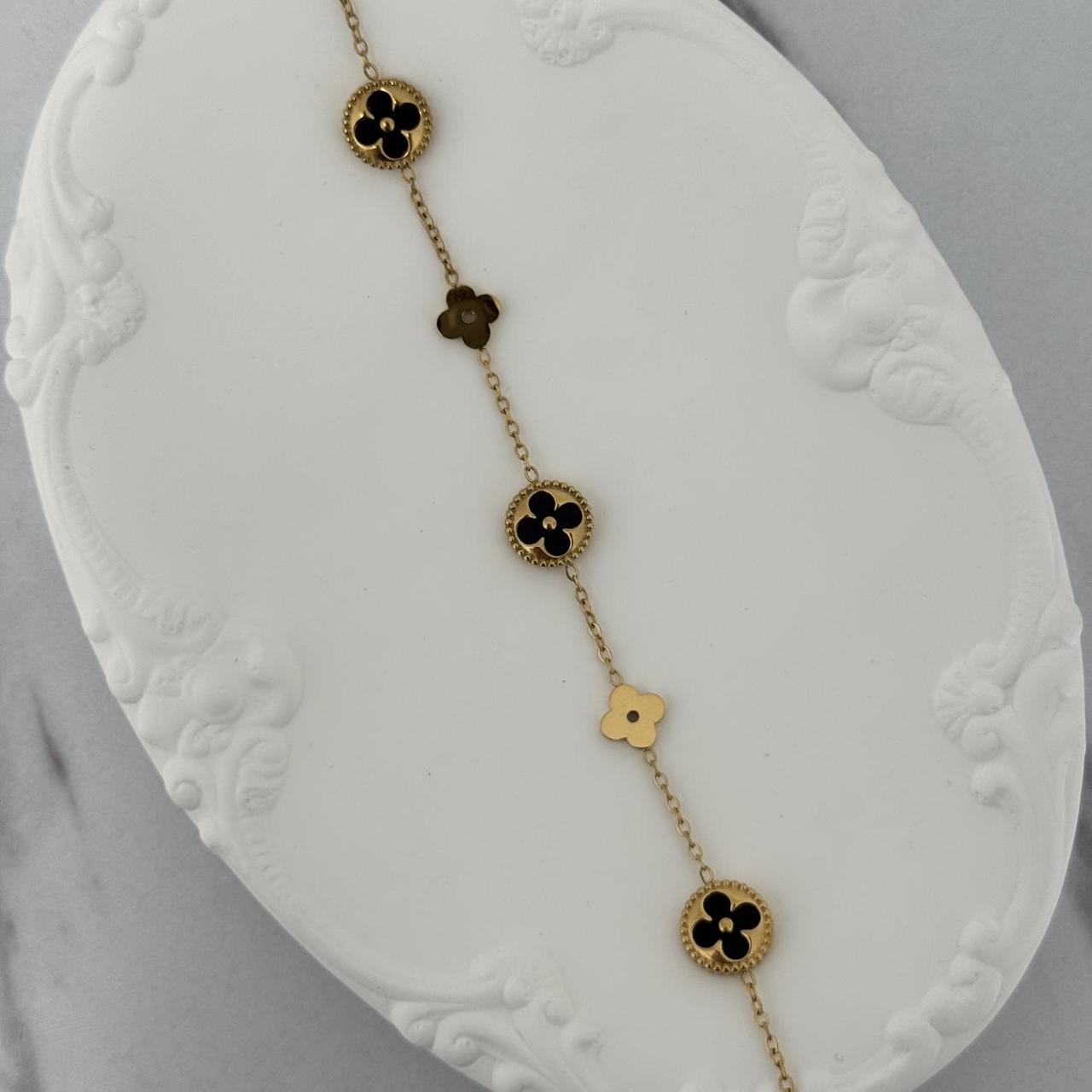 Gold Bracelet Black Flowers
