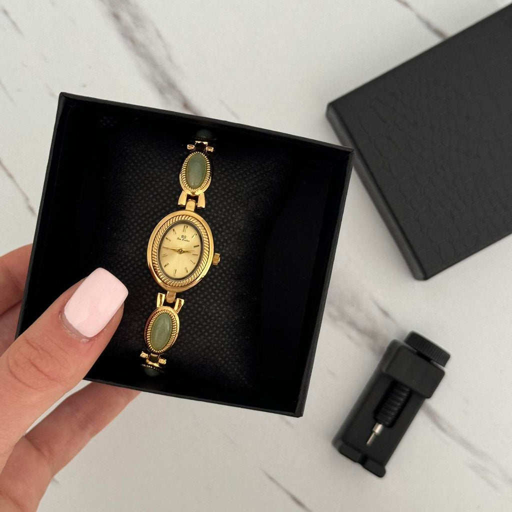 Gold Watch Bracelet Green Stones