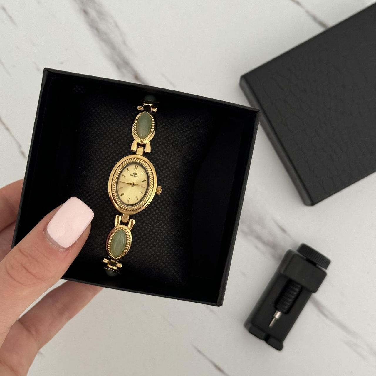 Gold Watch Bracelet Green Stones