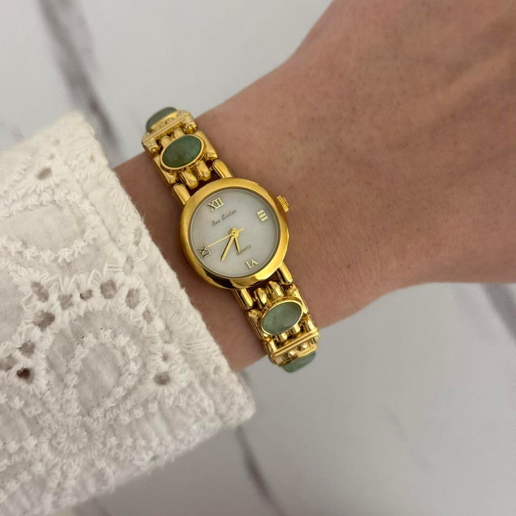 Gold/Green Stones Watch