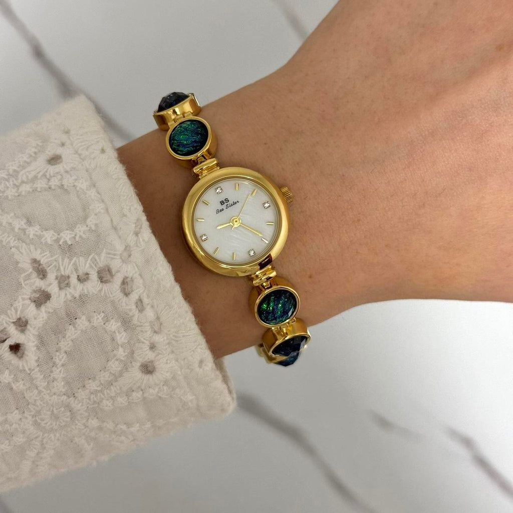 Gold Watch Bracelet Green/Blue Stones