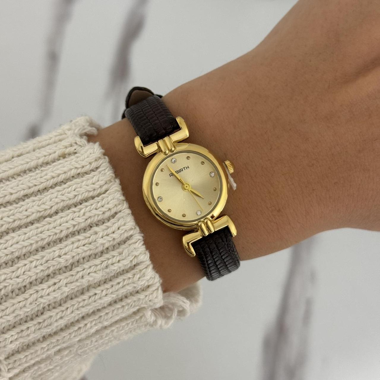 Round Gold mini Watch Black/Brown Leather Strap