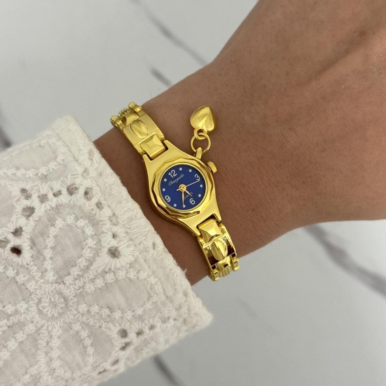 Gold/Blue Mini Watch Heart Charm