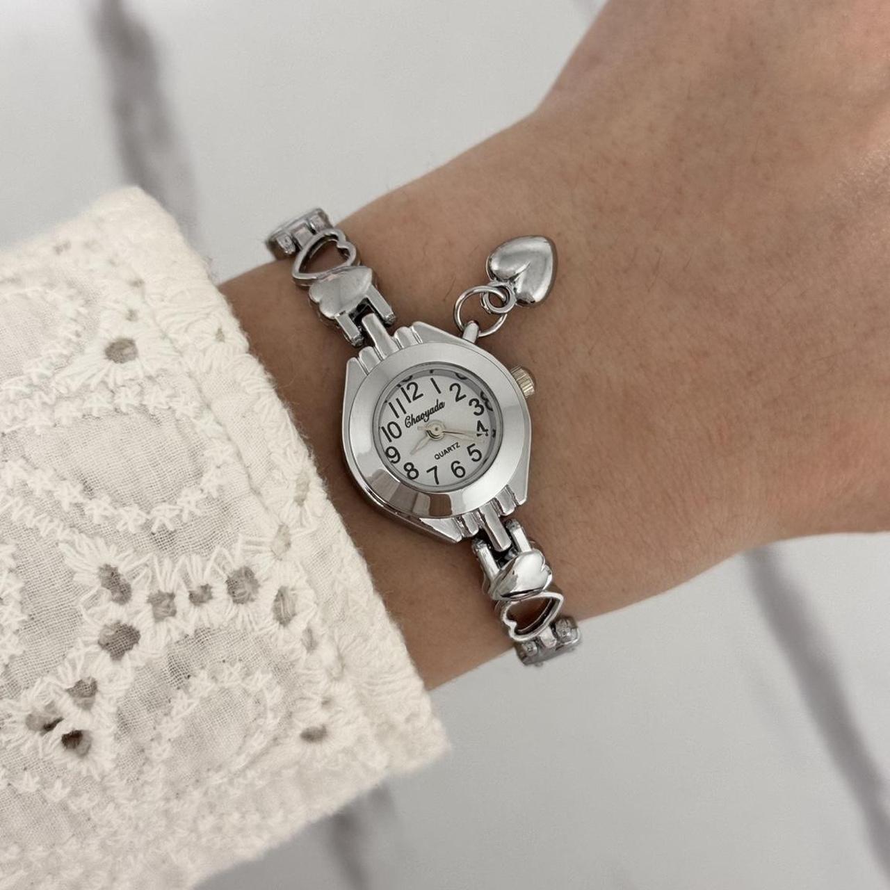 Silver/White Mini Watch Heart Charm