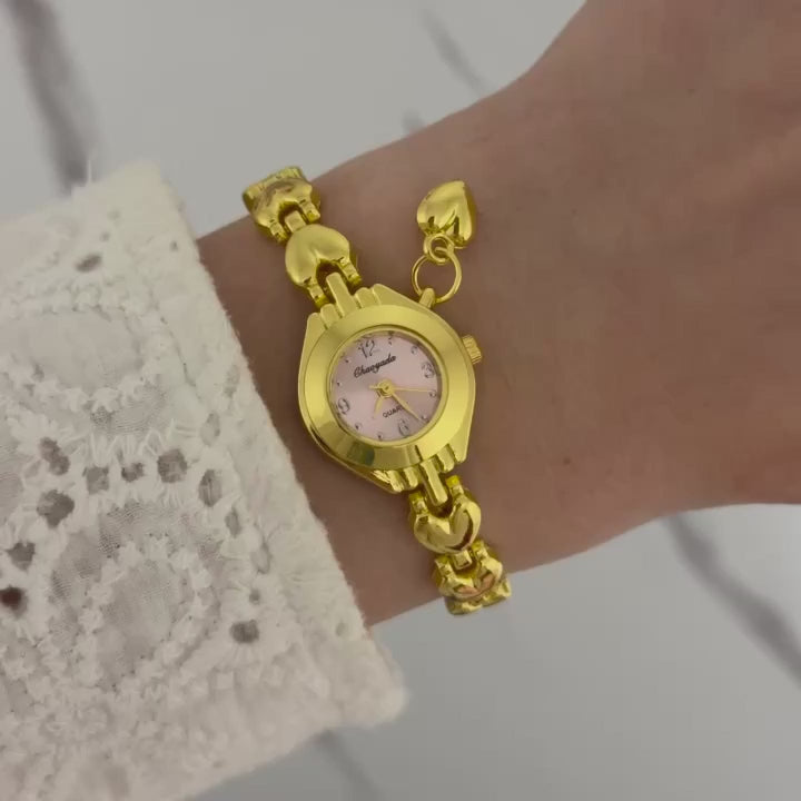 Gold/Pink Mini Watch heart Charm