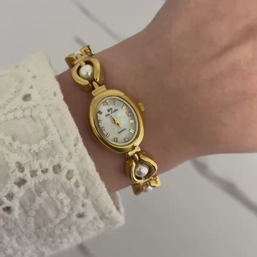 Gold/White Pearls Mini Watch