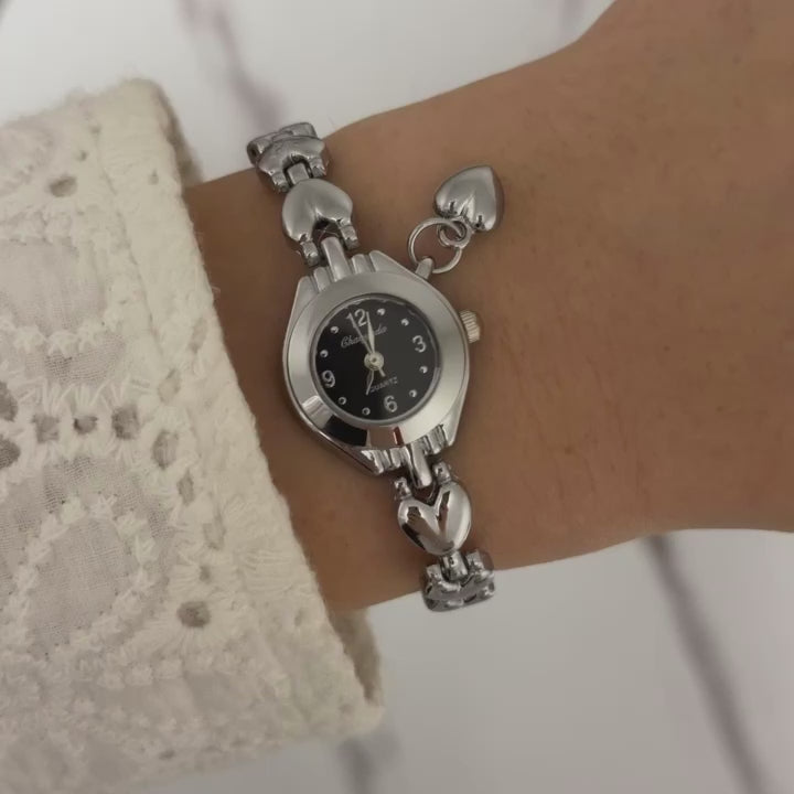 Silver/Black Mini Watch Heart Charm