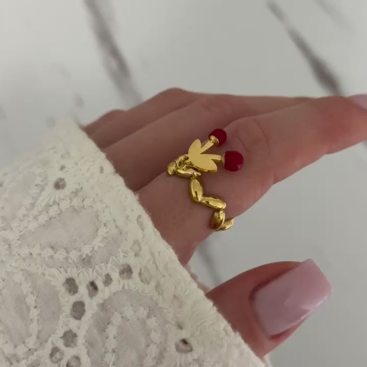Vintage Vibe Gold Red Cherry Charm Ring