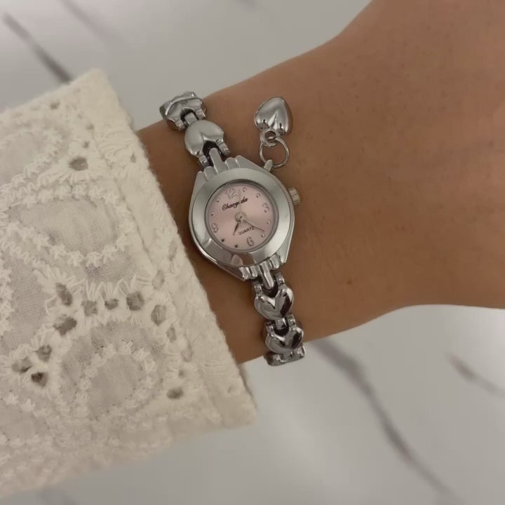 Silver/Pink Mini Watch Heart Charm