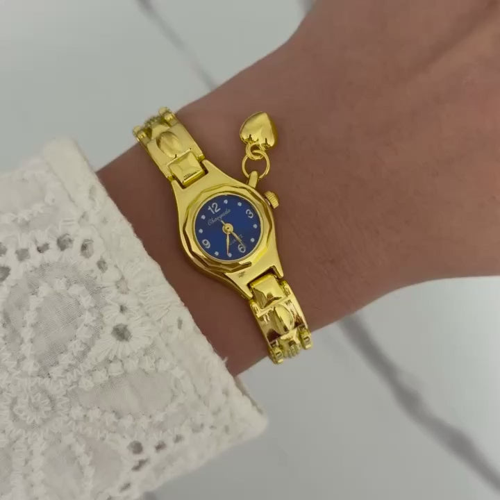 Gold/Blue Mini Watch Heart Charm