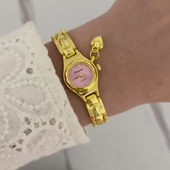 Gold/Pink Mini Watch Heart Charm