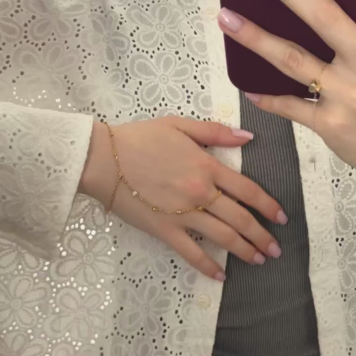 Gold Tone Zircon Stone Chain Ring Bracelet