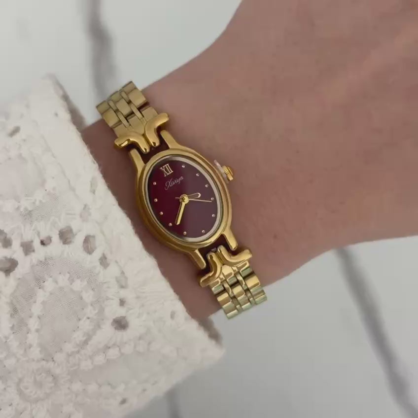 Gold/Burgundy Watch Bracelet