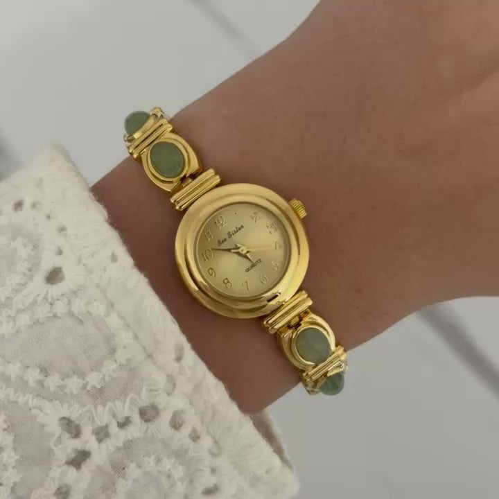 Gold/Green Stones Watch