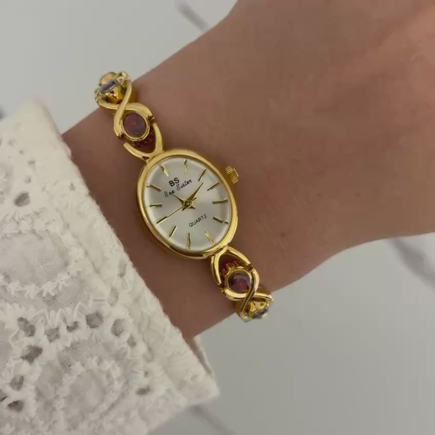 Gold Mini Watch Multicoloured Zircon Stones