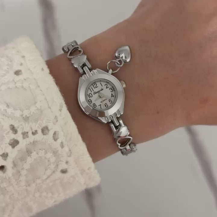 Silver/White Mini Watch Heart Charm