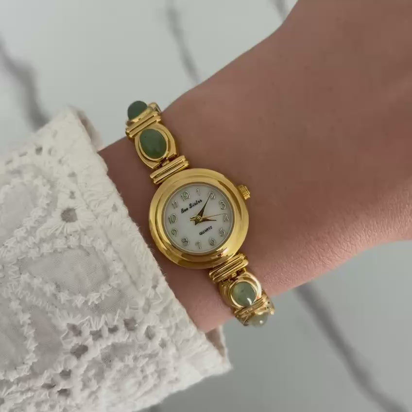Gold Mini Watch Bracelet With Green Stones