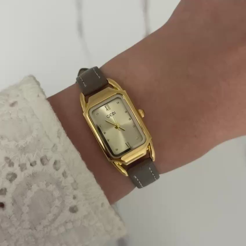 Retro Watch Gold Brown/Grey Leather Strap