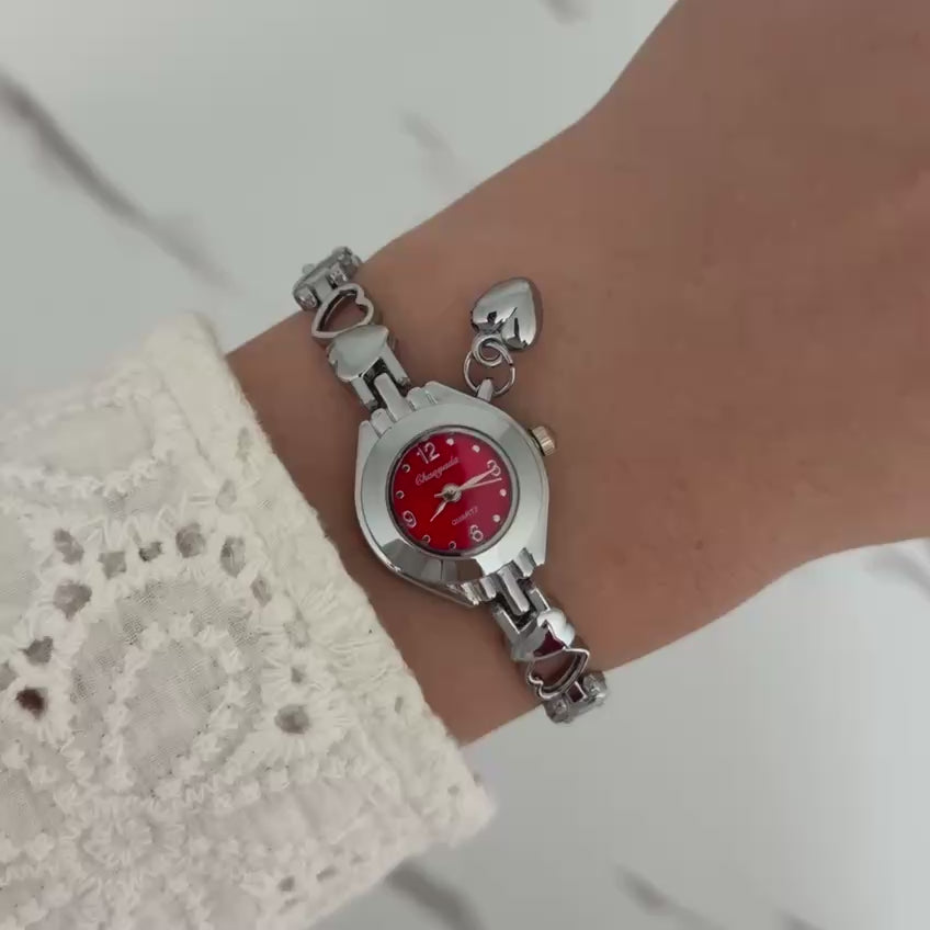 Silver/Red Watch Heart Charm